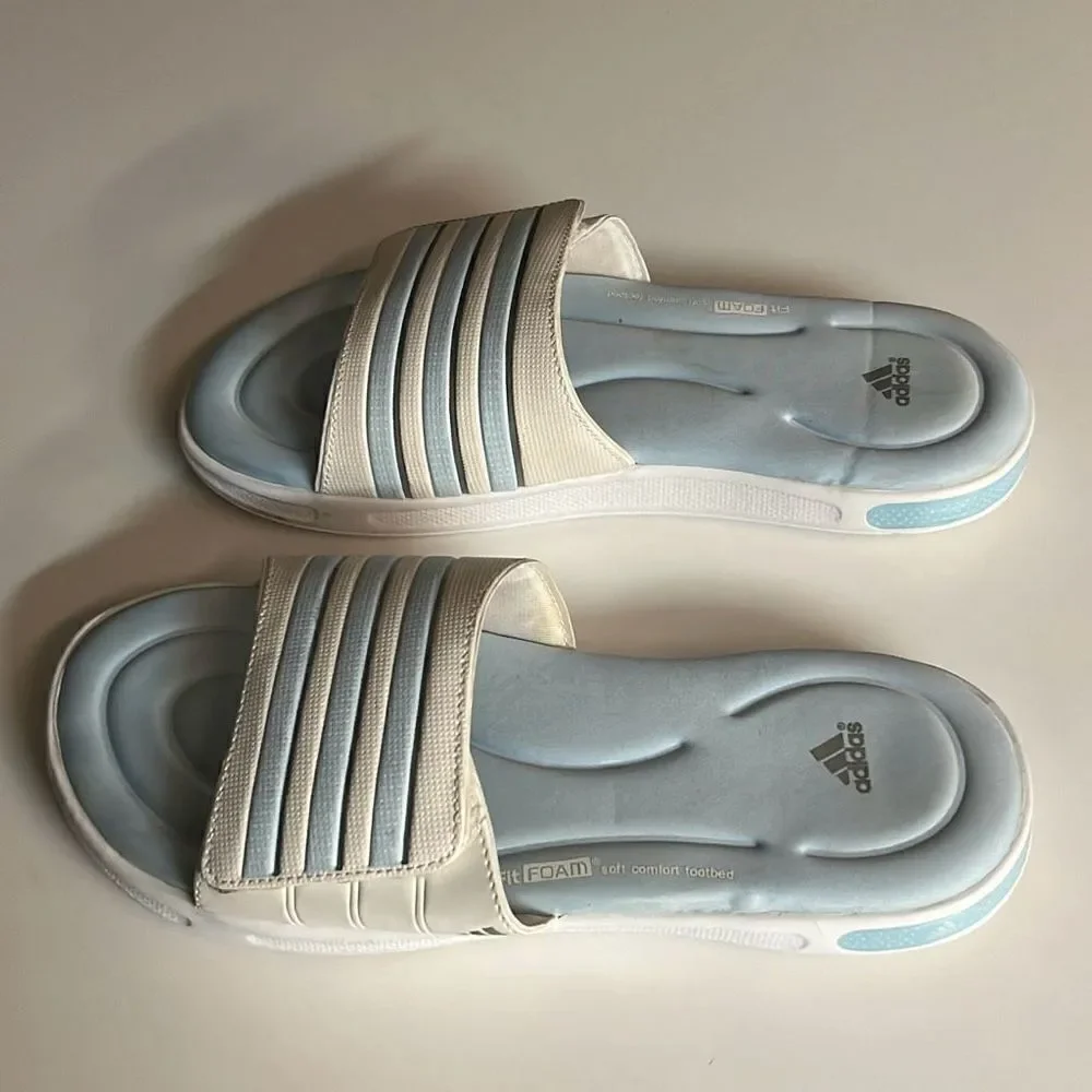 Adidas Adilette Baby Blue White Striped Open Toe Slip-On Classic Comfort Slide S